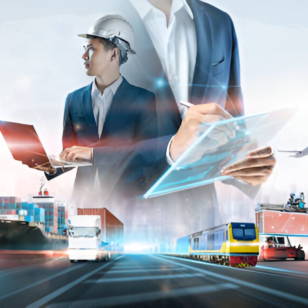 Business and technology digital future of cargo containers logistics transportation import export concept, Engineer using laptop online tracking control delivery distribution on world map background